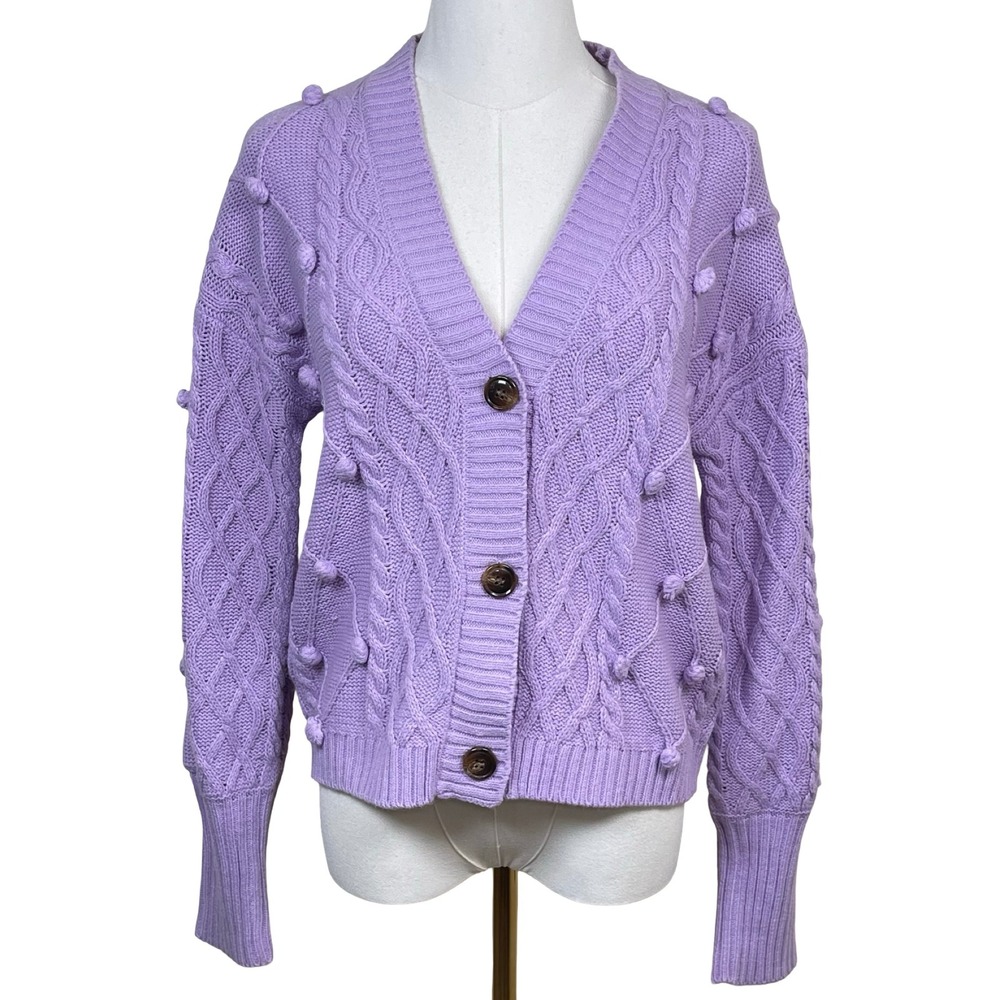 Hazel Moon Cardigan Sweater Womens S Purple Cable Knit Pom Pom Pastel Lilac